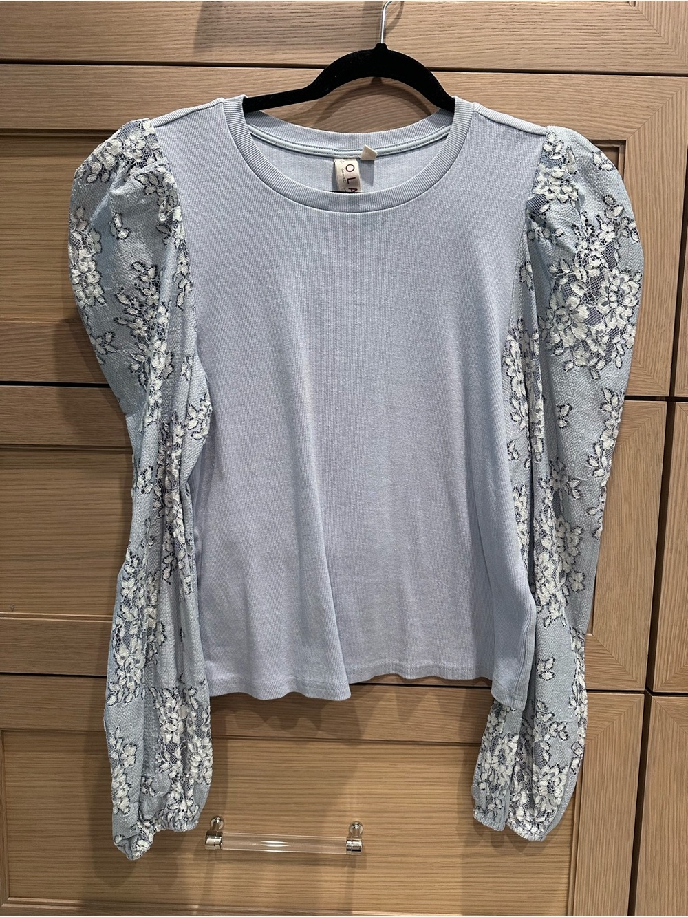 Anthropologie Pale Blue Puff-Sleeve Lace Knit Top